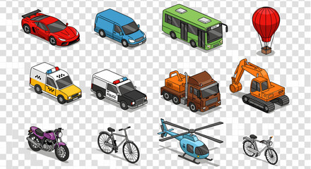 Collection of isometric vehicles and transportation modes, including cars, trucks, buses, emergency vehicles, and aircraft, set against a transparent background. © pria