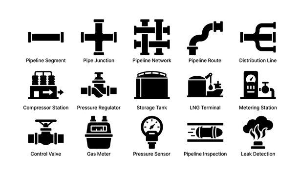 Pipeline and gas infrastructure icons displayed on white background