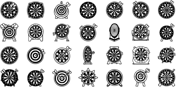 Collection of Darts and Dartboards Vector Icons in Black and White Line Art