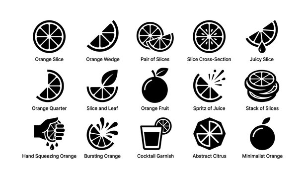 Orange and citrus icons displayed in grid on white background