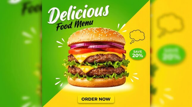 Delicious double cheeseburger with lettuce and tomato on green and yellow menu