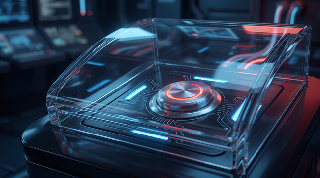 Futuristic Glowing Red Button Under Protective Glass Shield
