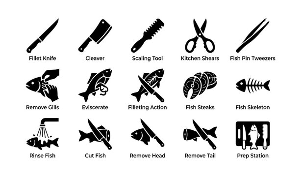 Fish cleaning and filleting tools icons with action labels