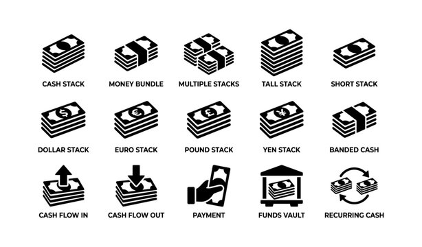 Cash and money stack icons arranged on white background