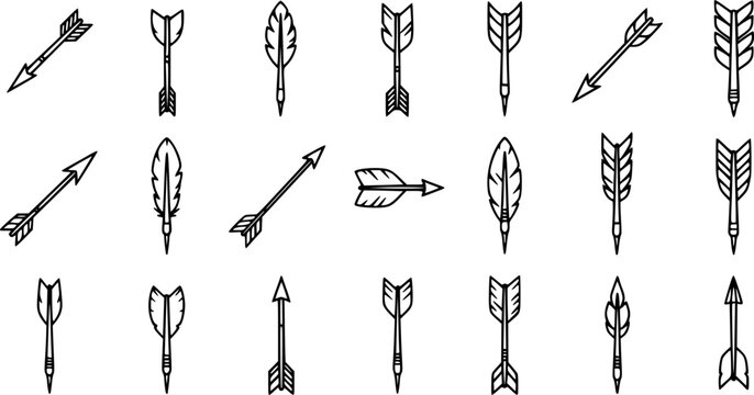Vector Outline Arrows Collection: Diverse Black and White Line Art Arrowheads, Feather Fletching, and Directional Symbols for Design Elements.
