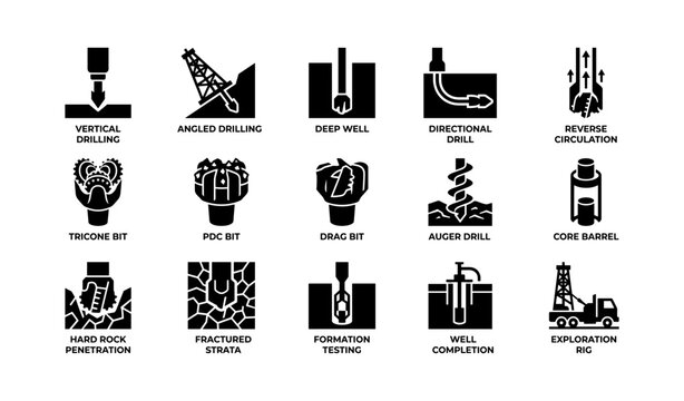 Drilling and well equipment icons arranged on white background