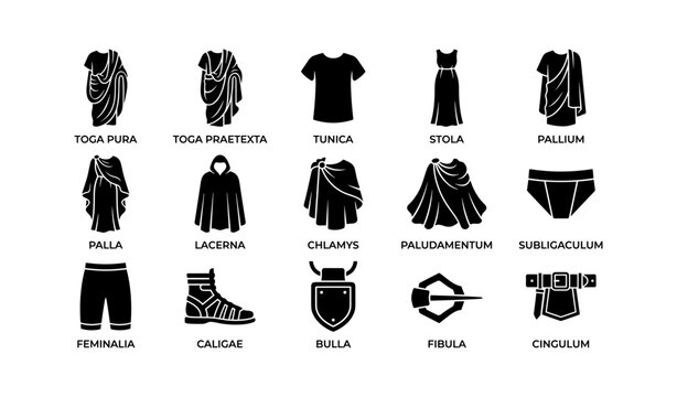 Roman clothing icons arranged in labeled grid on white background