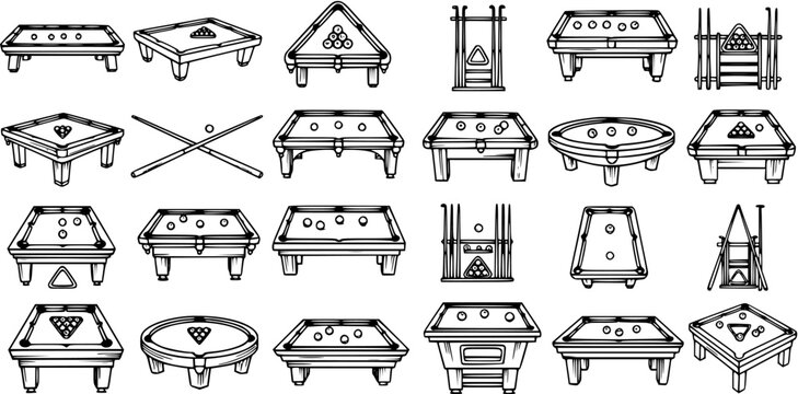 Billiards Pool Tables Line Art Icons Set. Black and White Sketch Doodles of Snooker Equipment, Cues, and Balls for Sports and Game Design.
