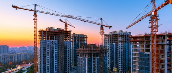 Fototapeta premium Urban Construction Site with Tower Cranes and Modern City Development