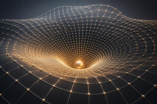 Abstract glowing particle mesh forming a swirling funnel around a central sphere in a dark futuristic 3D digital background