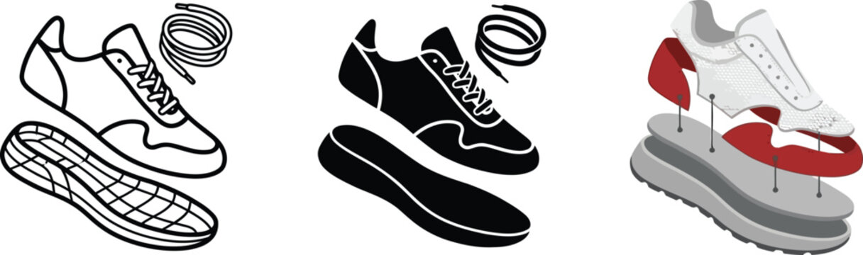 Exploded view of a sneaker showing sole and laces plus silhouette and assembly diagrams vector illustration