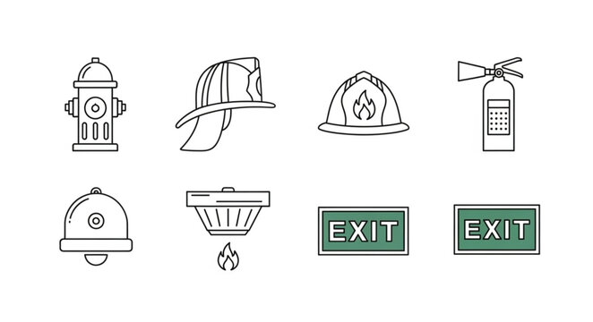 Firefighter equipment and emergency exit signs.