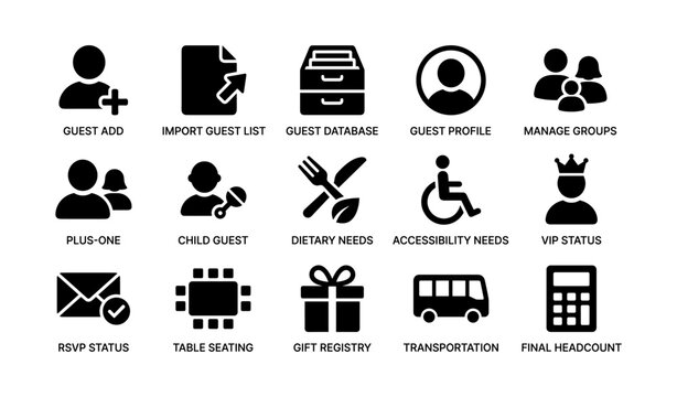 Event guest management icons showing attendee actions and settings