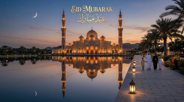 Eid mubarak greetings stunning mosque reflection for a blessed celebration