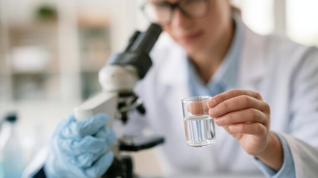 A scientist working in a laboratory. the scientist is wearing a white lab coat and blue gloves, and is holding a small glass of water in front of a microscope.