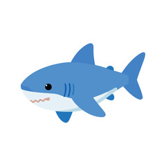 Fototapeta premium Cute blue shark swims forward with a playful expression on a white background