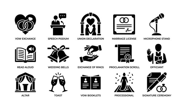 Wedding ceremony icons showing vows and legal formalities