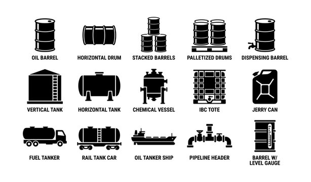 Oil and fuel container icons showing storage and transport modes