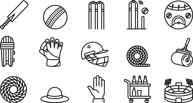 Collection of cricket equipment icons including bat ball helmet and stumps isolated on transparent background