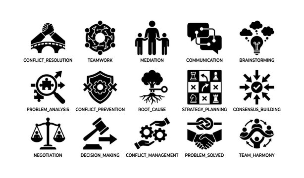 Teamwork and conflict resolution icons shown in icon grid