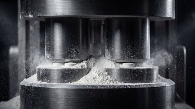 Industrial pharmaceutical tablet press machine crushing white powder and pills, medicine manufacturing process in laboratory, cinematic macro photography concept, drug production technology