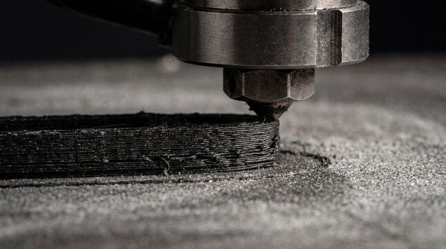 Macro shot of a 3D printer nozzle extruding black filament layer by layer, additive manufacturing process, industrial technology and prototyping concept, high precision engineering