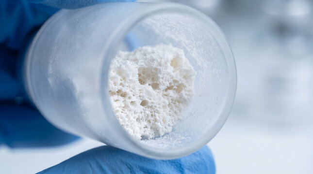 Gloved hand holding a white porous biomaterial sample in a laboratory, synthetic bone graft or aerogel research, biotechnology and medical science concept, generative AI