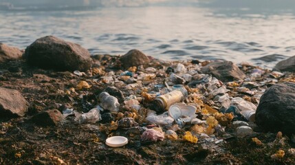 Fototapeta premium Rocky shore covered in garbage. the garbage consists of various items such as plastic bottles, cans, and other discarded items.