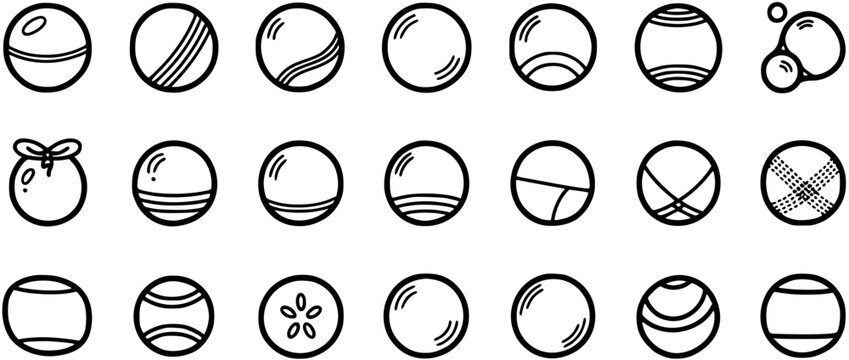 Sports and Recreation Balls Outline Icons Set. Black and White Hand Drawn Line Art Collection of Diverse Spherical Symbols and Game Elements.