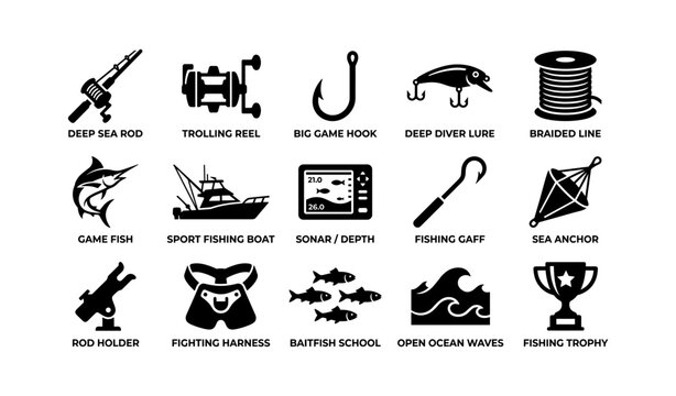 Fishing equipment icons arranged in rows with labels