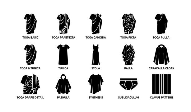 Set of roman clothing and toga icons arranged on white background