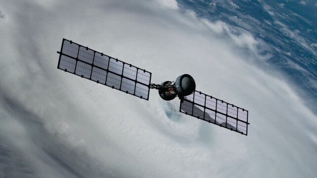 Satellite hovering over the planet Earth globe to provide weather forecasting about an upcoming hurricane. NASA Public Domain Imagery