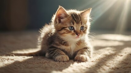 Obraz premium Cozy Kitten's Serenity: An adorable kitten lounges gracefully on a plush rug, bathed in the soft glow of sunlight, capturing the essence of comfort and peacefulness.
