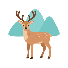 Fototapeta premium Adorable deer standing in front of mountains illustration with brown antlers