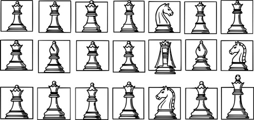 Black and White Line Art Chess Pieces Collection - Hand Drawn Outline Icons for Strategy Board Games and Intellectual Sport Concepts © pixsource