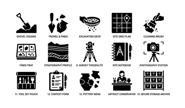 Archaeology icons showing excavation tools on white background