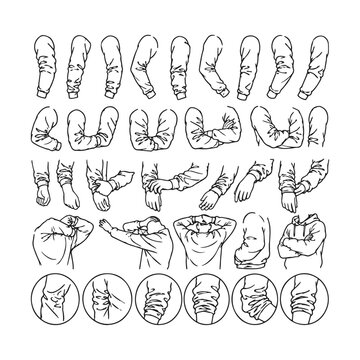 Clothing sleeve folds and arm poses reference chart for artists drawing fabric textures and garment structure.