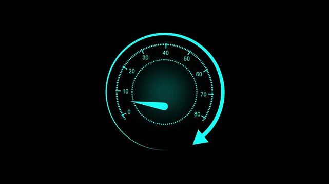 Speedometer animation with teal performance icon. Speedometer digital data gauge dial. Speedometer technology interface graphic on black background for monitoring.