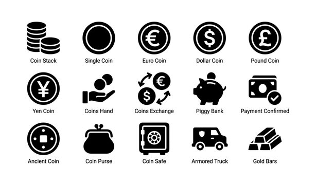Money and currency icons arranged in grid on white background