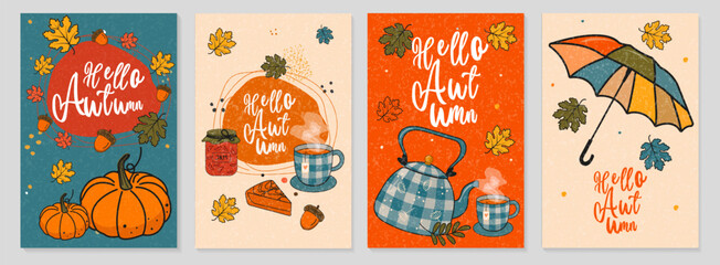 Hello autumn set of 4 vertical posters with pumpkins, tea, and fall leaves. Vintage hand-drawn style with texture for seasonal greeting cards and social media marketing. Vector illustration. © Uliya