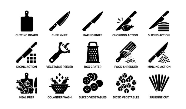 Kitchen utensil icons illustrating cutting and prep actions on white