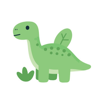 Cute cartoon apatosaurus with leaf ears standing in the grass on a white background