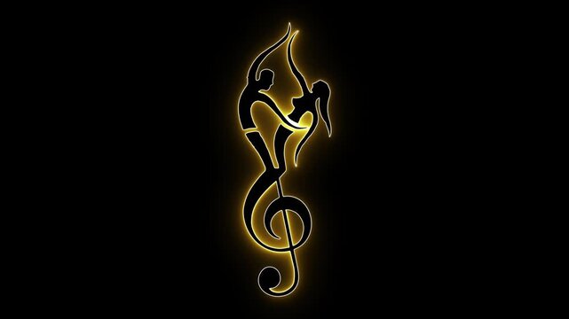 Dancing couple art. Treble clef design. Music dance logo. Neon musical art. Romantic dance icon. Musical note symbol. Artistic silhouette. Ballroom dance art. Yellow glow graphic. Dance studio decor.