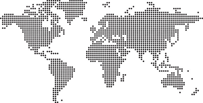 Dotted World Map Vector Illustration with Pixelated Global Grid Pattern Design