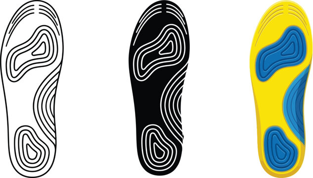 Set of shoe insole designs outline silhouette and colored versions for foot support and comfort isolated on white