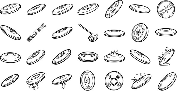 Black and White Line Art Collection of Frisbees and Flying Discs for Sports and Recreation