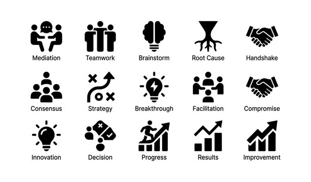 Business process and teamwork icons arranged on white grid