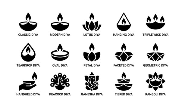 Diya lamp icons displayed as black silhouettes on white background