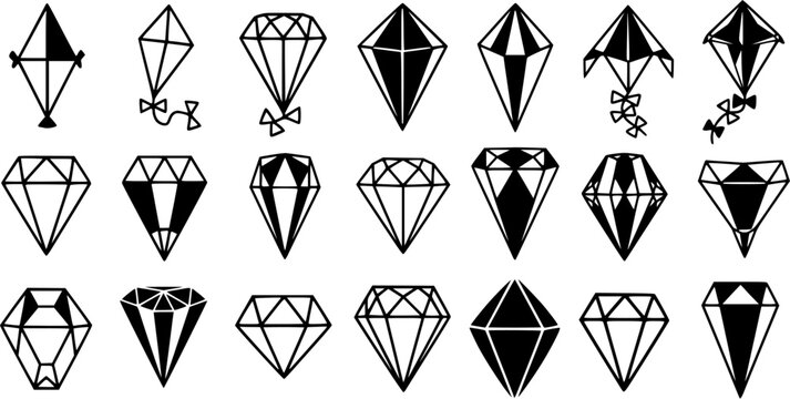 Black and White Line Art Diamonds and Kites Icons Set, Geometric Shapes, Vector Illustration