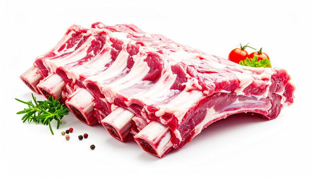 Rack of raw pork rib, white background, closeup. AI